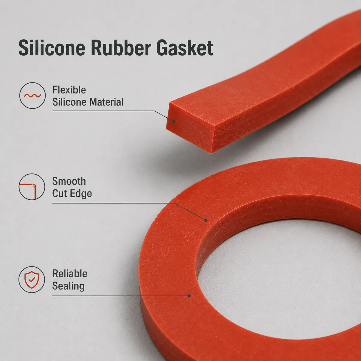 Close-up of flexible silicone rubber gasket material and smooth cut edge