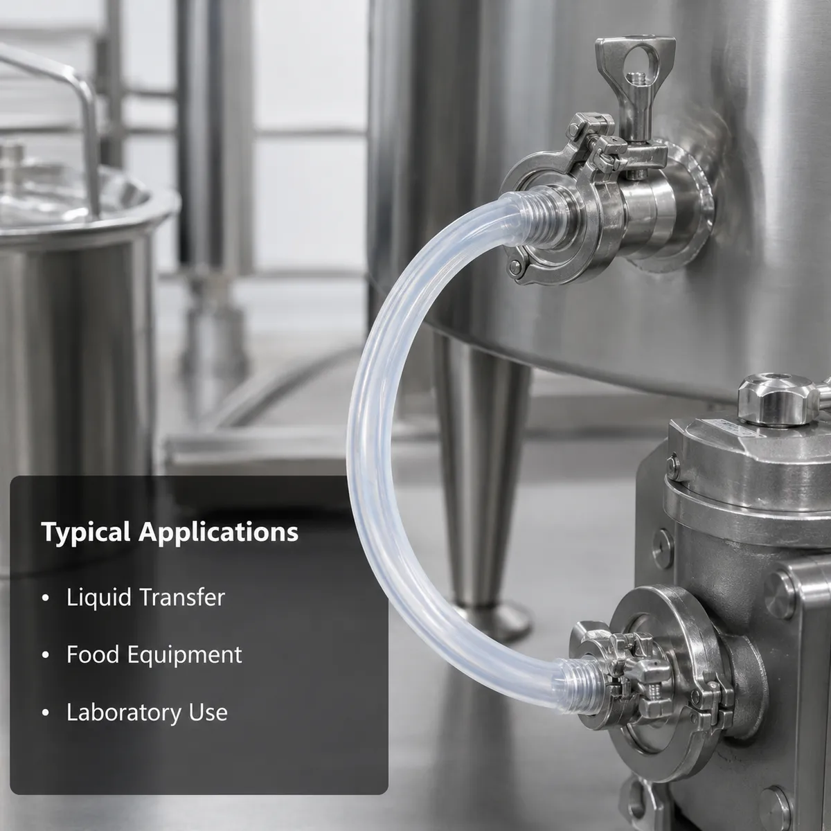 Silicone tube connected to stainless steel liquid transfer equipment