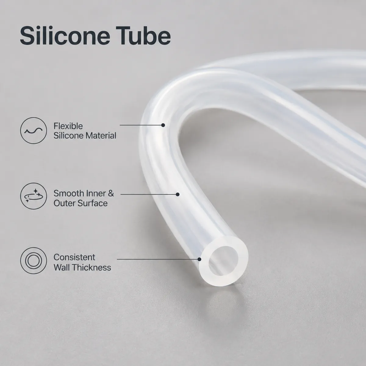 Close-up of flexible silicone tube with smooth surface and wall thickness