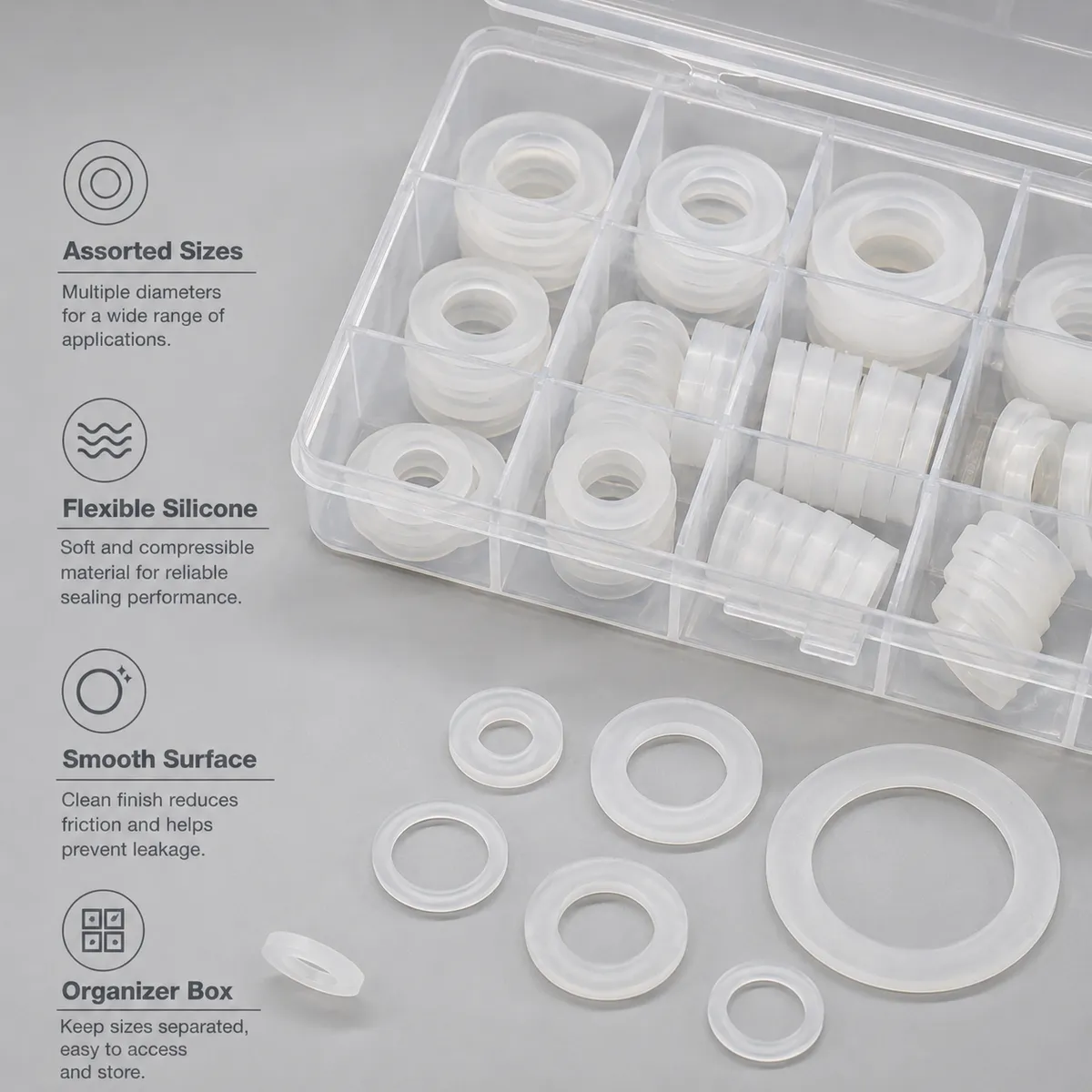 Assorted silicone washer sizes with flexible silicone and smooth surface details