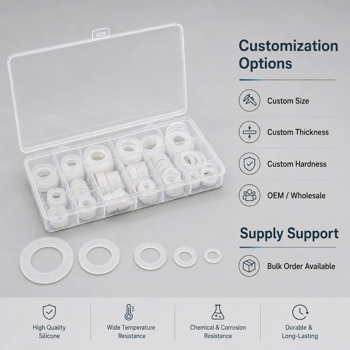Customization options and supply support for silicone washer kit