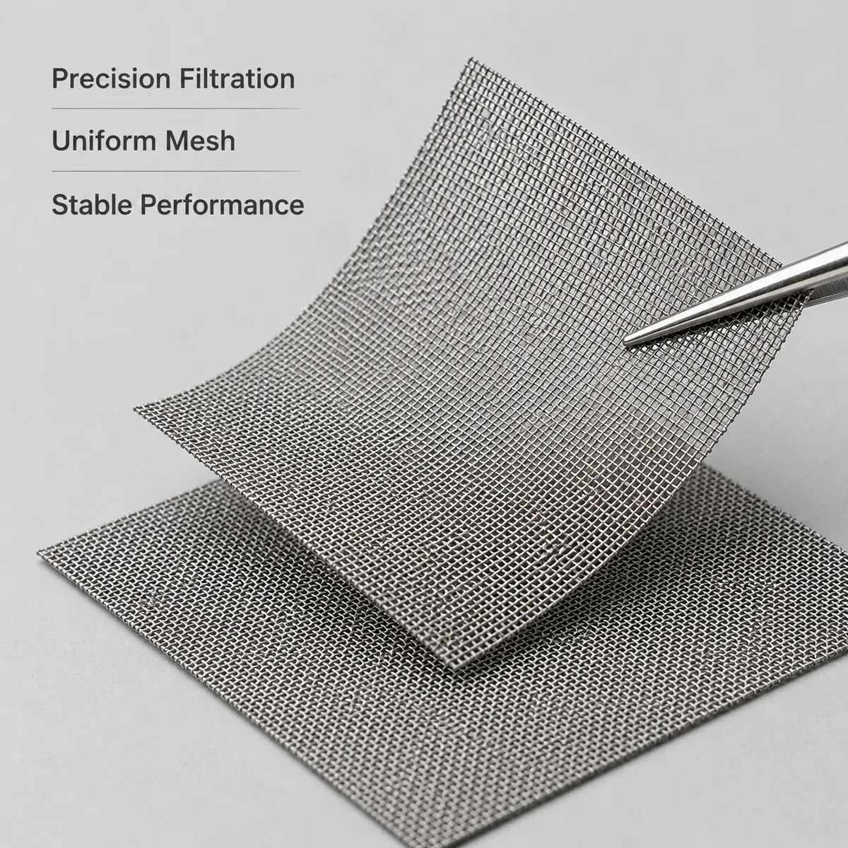 Close-up stainless steel woven mesh showing uniform openings and wire texture