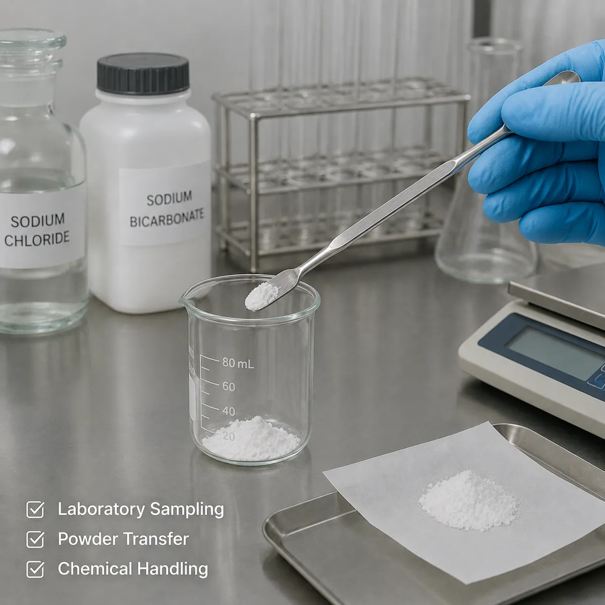 Stainless steel lab spatula used for powder transfer in a laboratory setting