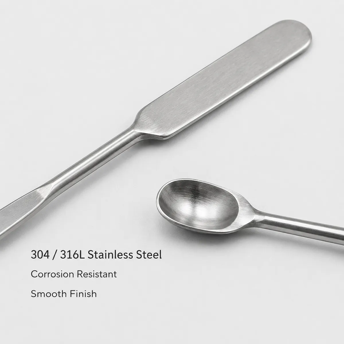 Close-up of 304 316L stainless steel lab spatula spoon and flat blade finish
