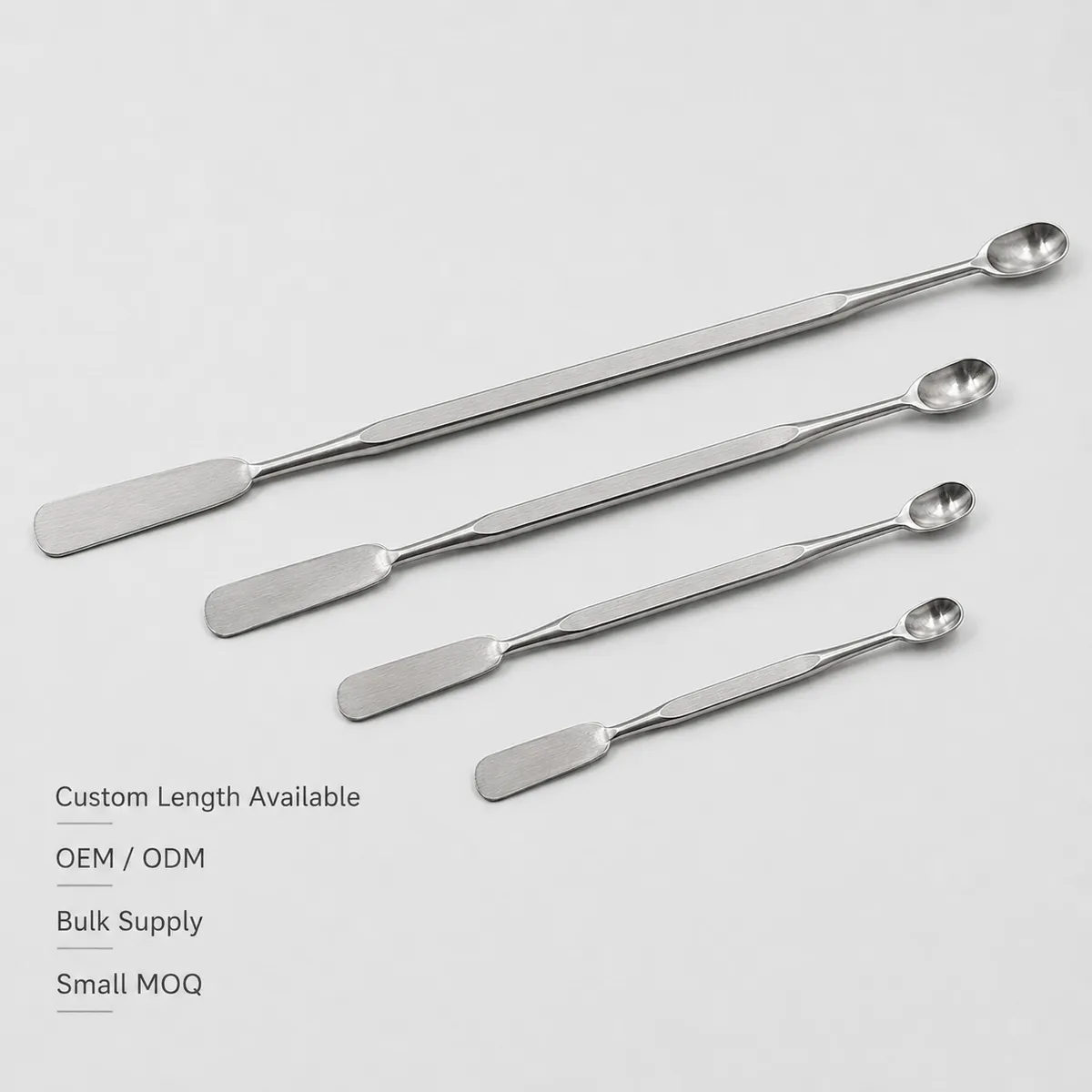 Custom length stainless steel lab spatulas arranged for wholesale supply