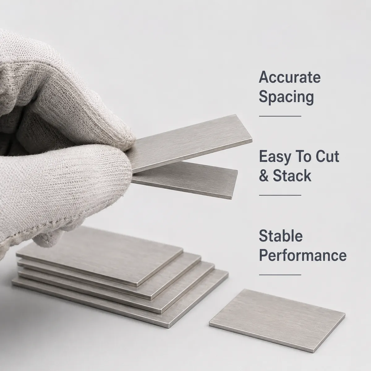 Stainless steel shim plates being stacked for accurate spacing adjustment