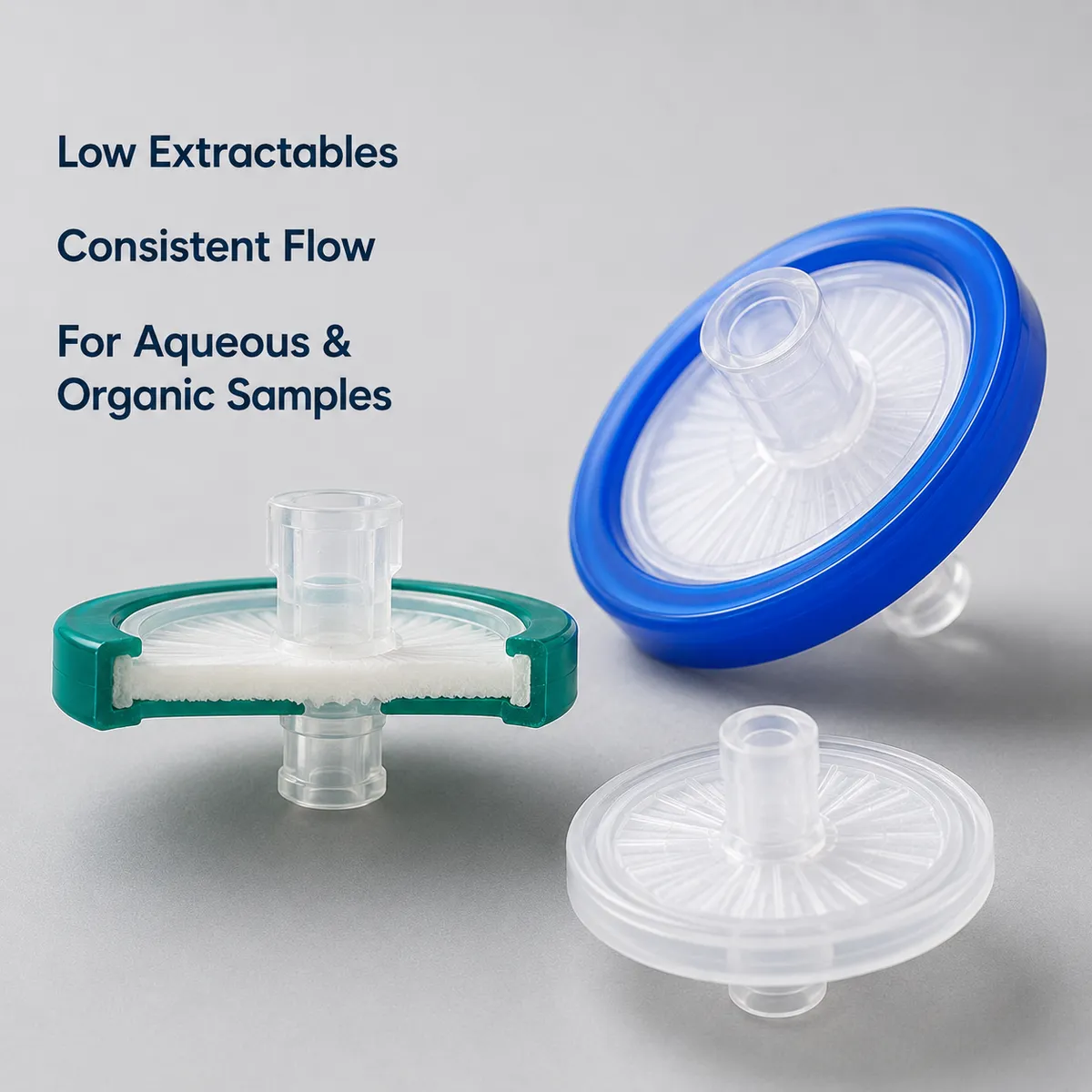 Cutaway syringe filter showing membrane structure and flow path
