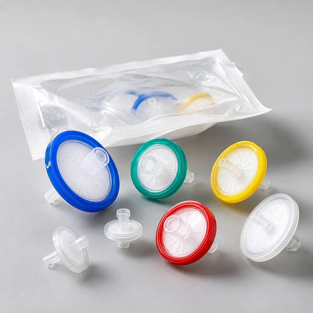 Syringe filter pack with assorted color-coded disposable filters