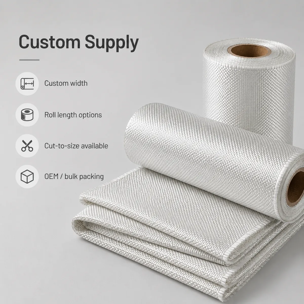 Custom fiberglass cloth supply with roll and cut-to-size options
