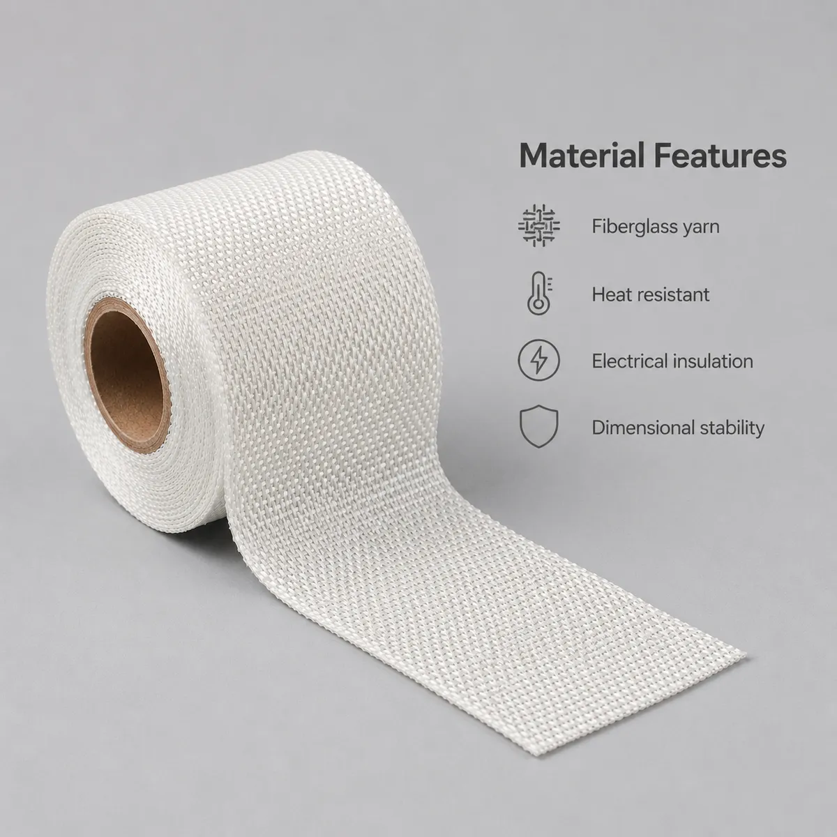 Fiberglass tape roll with material feature text for heat resistant insulation use